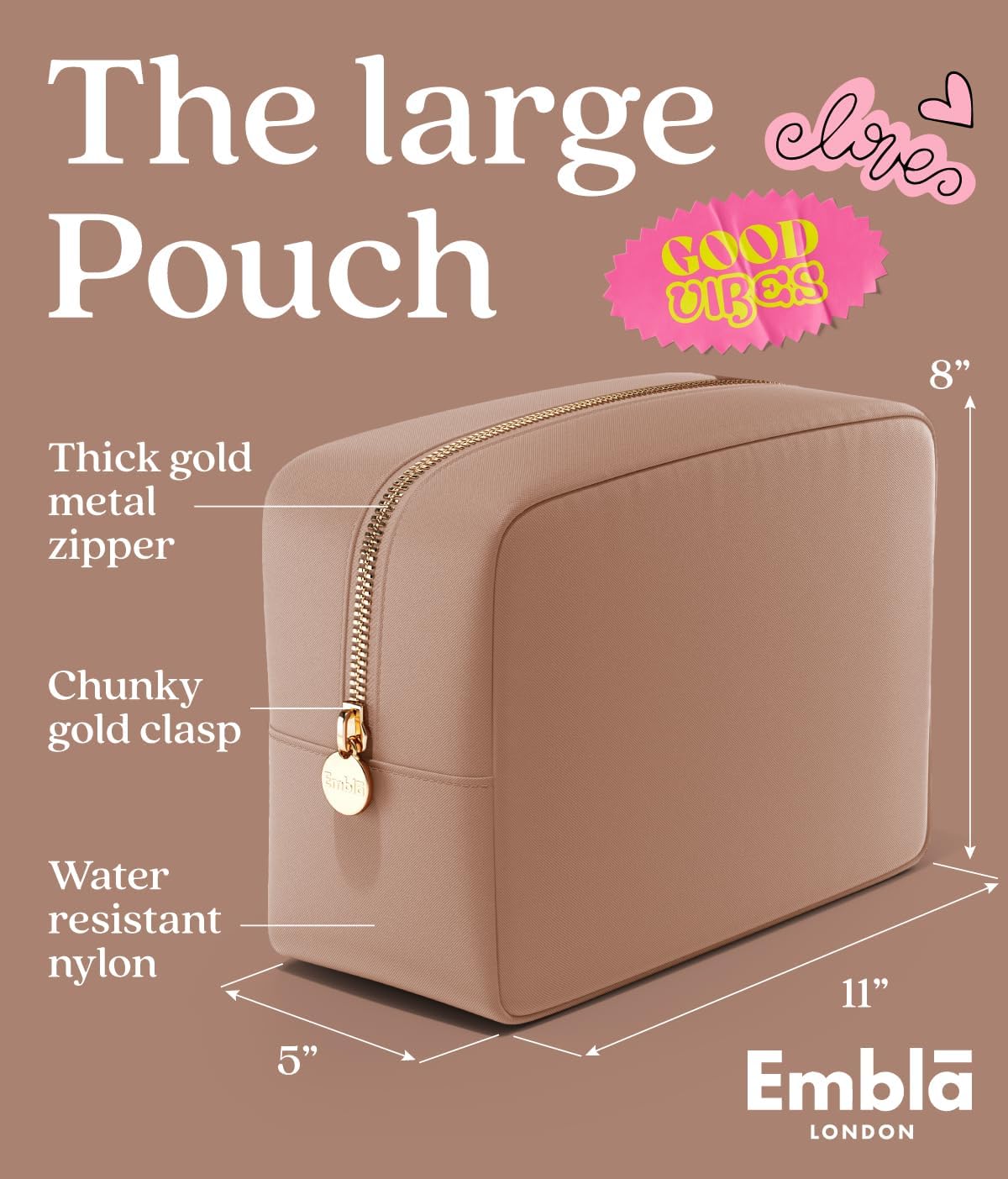 Embla Makeup Bag Travel Cosmetics Pouch and Toiletry Bag, Nylon Zipper Pouch Purse, Cute Make Up Organizer Storage Tote for Women Girls, Travel Skincare Case, Large Makeup Bags, Mocha Mousse