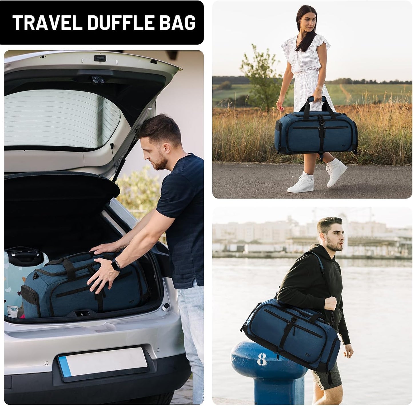 MIER Foldable Duffle Bag with Shoe Compartment 50L Travel Duffel Bags for Men Women Packable Overnight Bag for Camping Gym Weekender, Drak Blue