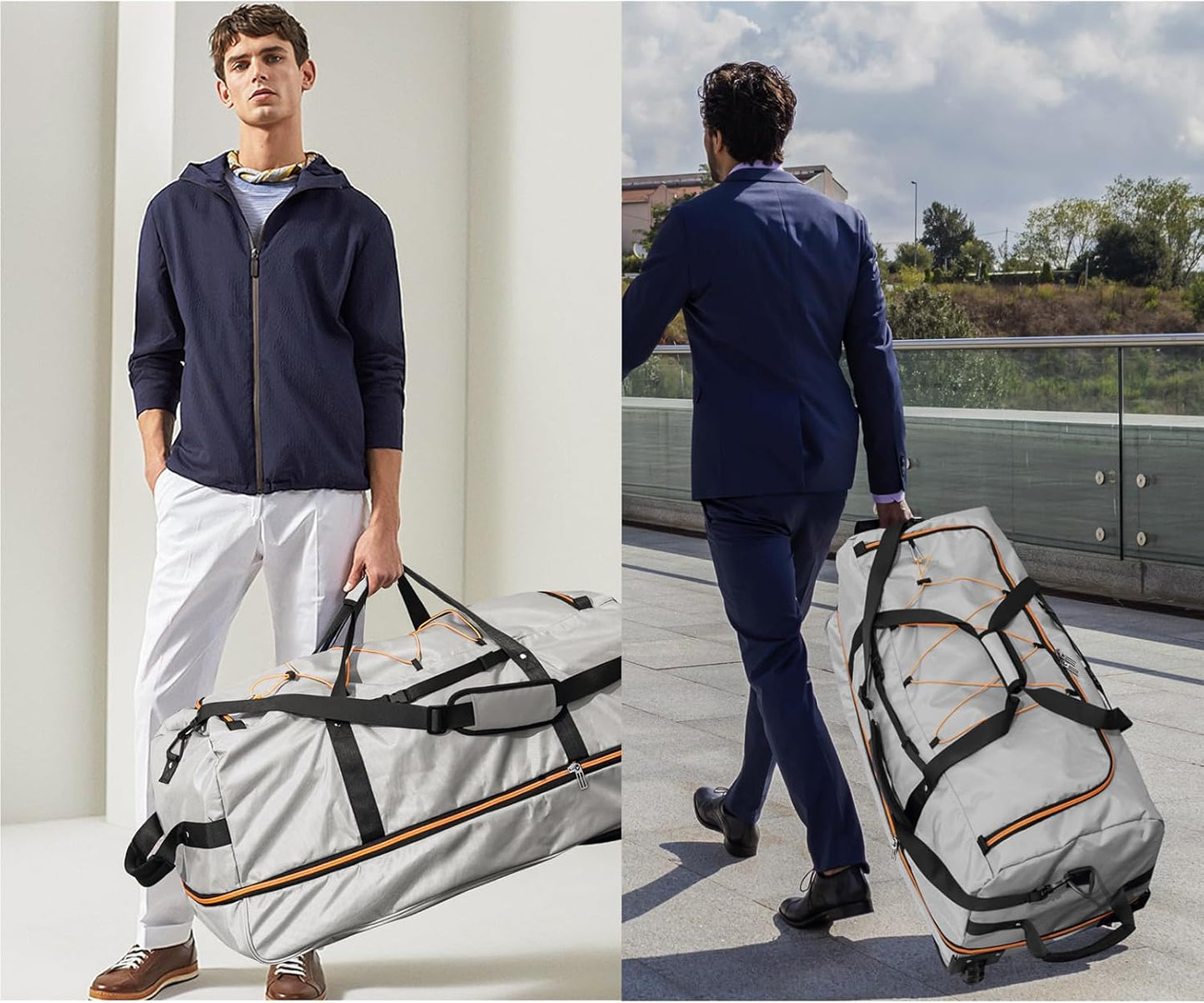 110L/140L Expandable Soft-Sided Foldable Duffle Bag with 2 Rubber Wheels,Packable 32” Rolling Carry-On with Multi-Pockets & Compartments,Grey