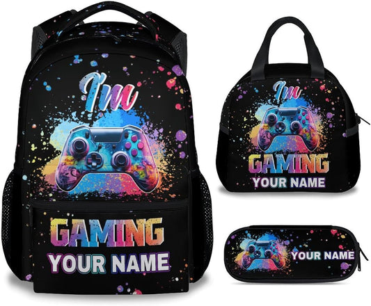 COZYAURA Customized Backpack - Video Gamer Bookbag with Lunch Box for School - Lightweight Black Gaming Backpacks for Boys