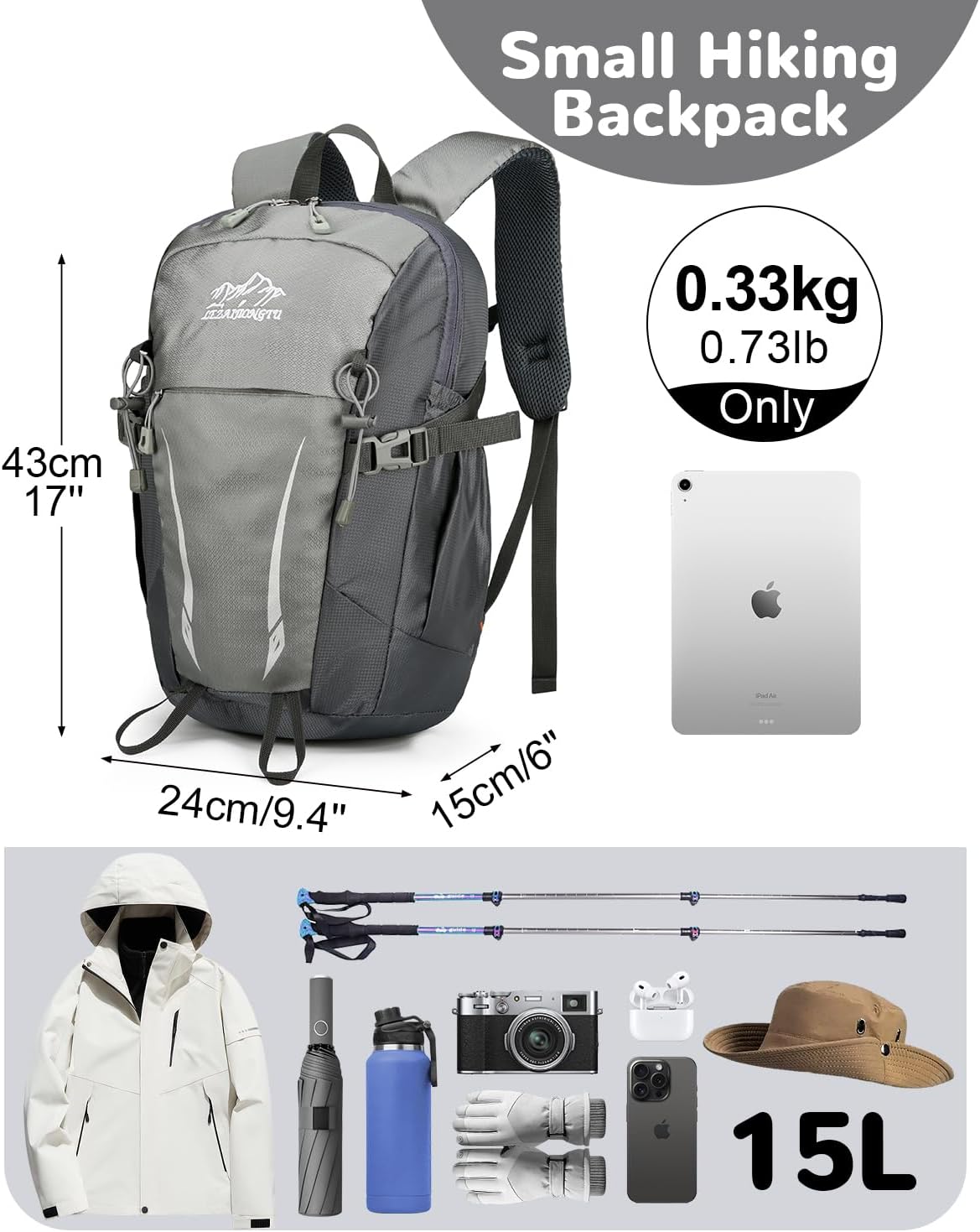 15L Small Padded Hiking Backpack with Chest Strap for Men Women, Lightweight Waterproof Daypack for Travel, Gray