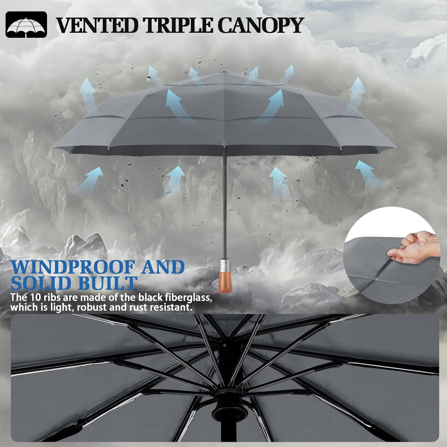 Umbrella Strong Windproof, Triple-Layer Canopy, 10 Fiberglass Ribs, Auto Open/Close, Wooden Handle, Sleeve with Anti-Loss Hook, Umbrellas for Travel & Commute & Daily Use & Gift