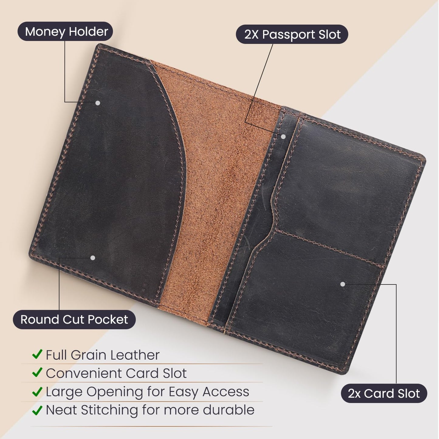 Leather Passport Holder with Travel Wallet, Genuine Leather Passport Cover- Passport Wallet, Leather Folding Wallet for Passports (Oval Cut, Dark Brown)
