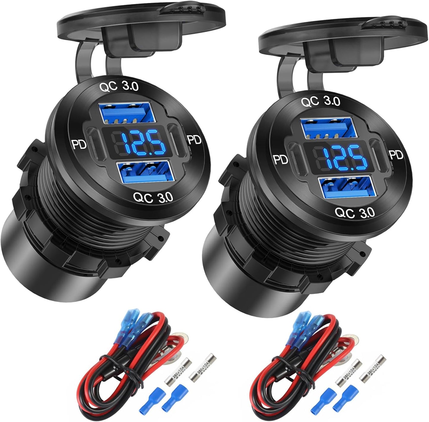 2 Pack 4 Port 12V USB Outlet Aluminum Charger, 78W Dual PD & QC Multiple USB Port for Car, USB C Cigarette Lighter Replacement 12 Volt Socket with Voltmeter Waterproof for Marine Boat Motorcycle RV