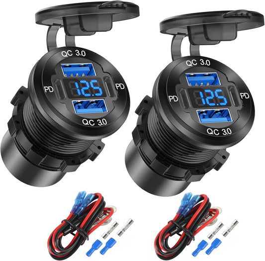 2 Pack 4 Port 12V USB Outlet Aluminum Charger, 78W Dual PD & QC Multiple USB Port for Car, USB C Cigarette Lighter Replacement 12 Volt Socket with Voltmeter Waterproof for Marine Boat Motorcycle RV