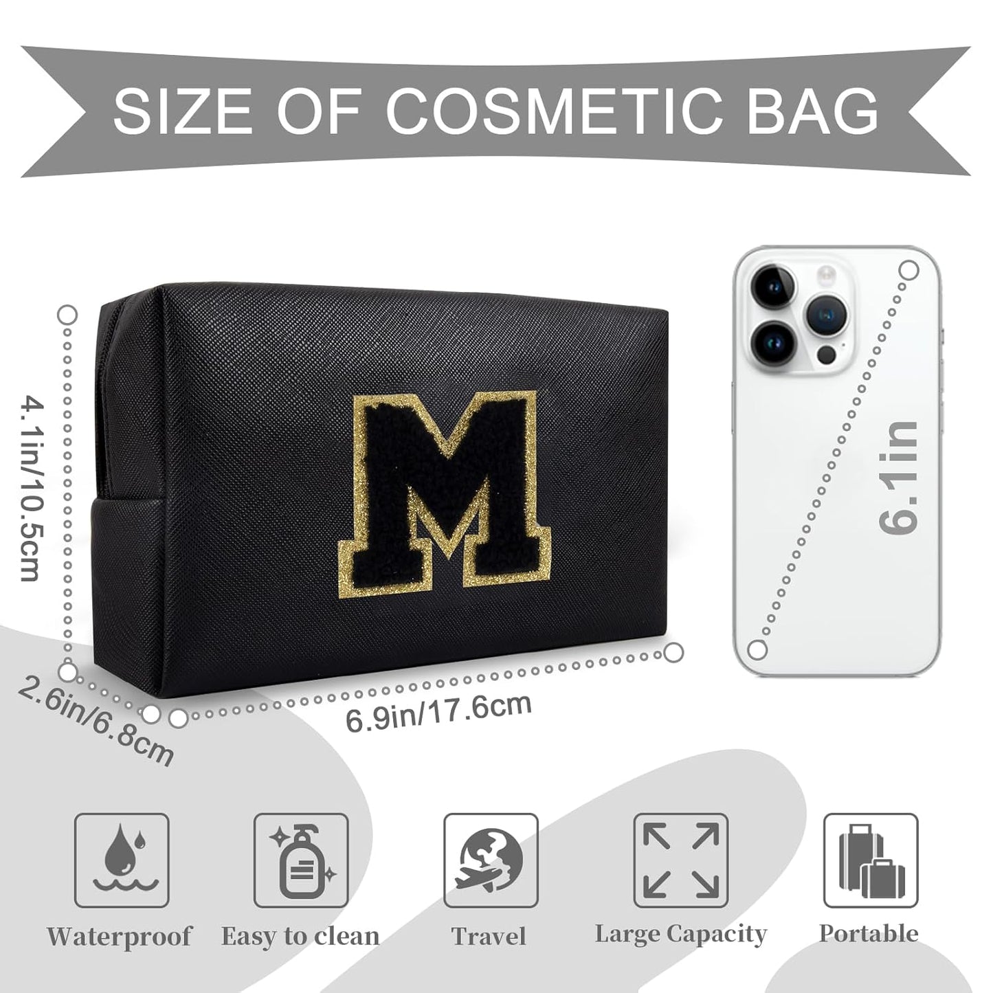 Personalized Initial A-Z Preppy Patch Makeup Bag,Small PU Chenille Letter Cosmetic Bag with Zipper for Teen Girls,Black Cute Toiletry Organizer Bag,Monogram Makeup Case Gift for Women Girls,Letter M