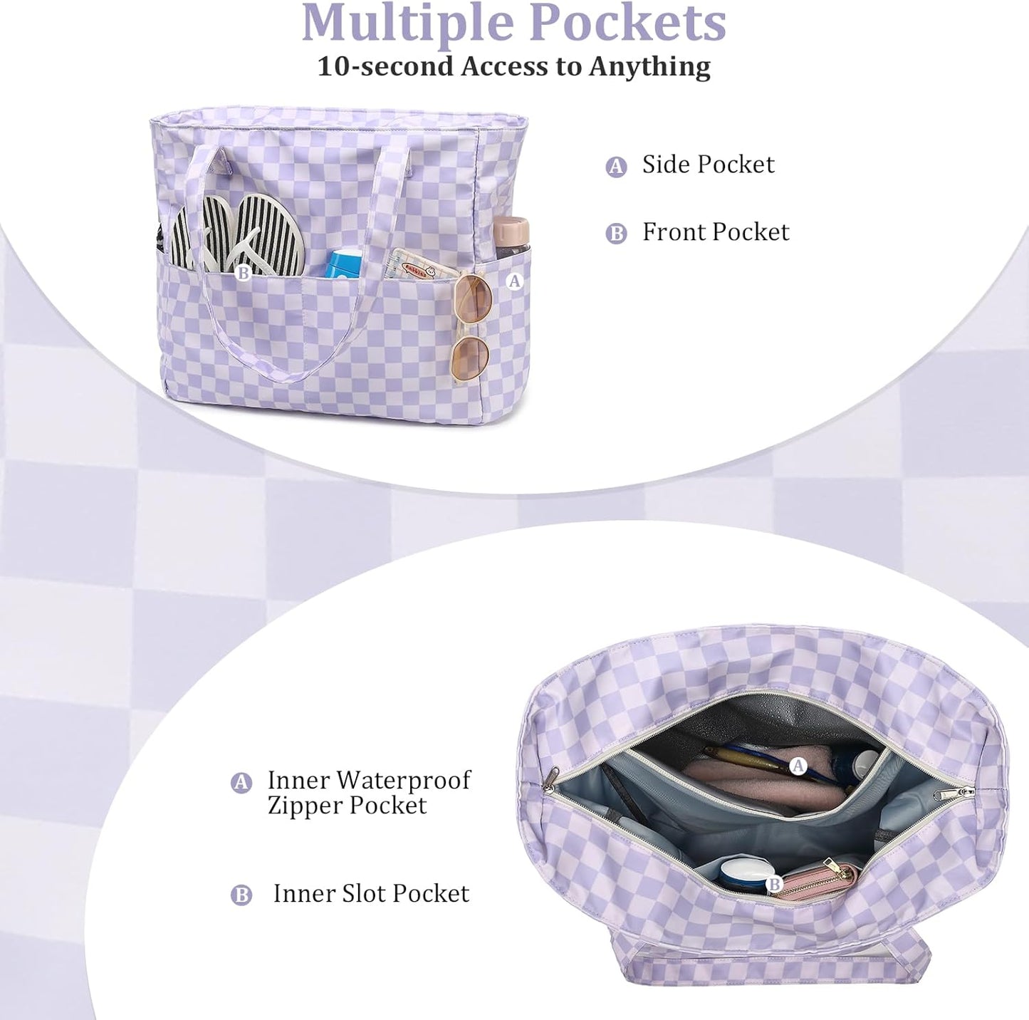 LEDAOU Large Beach Tote Bag Women Waterproof Sandproof Zipper Beach Tote Bag for Pool Gym Grocery Travel with Wet Pocket