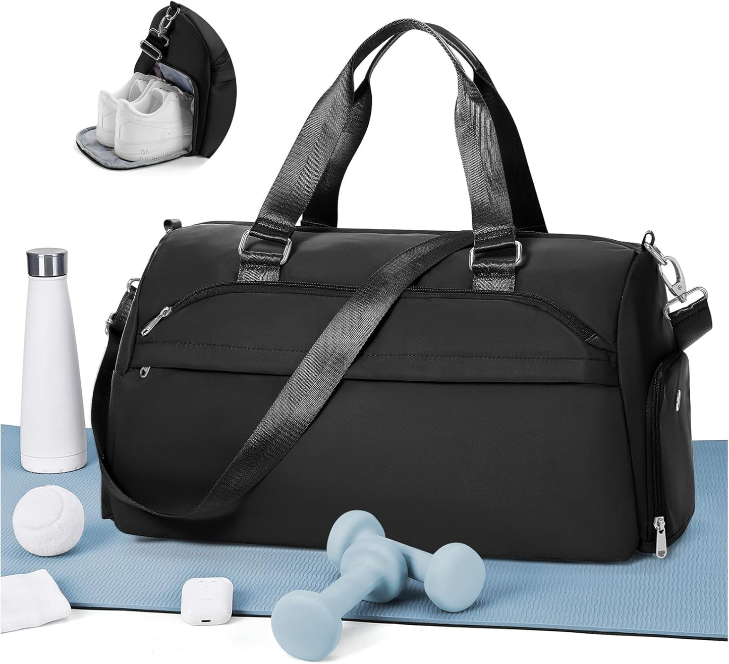 Gym Bag for Women with Shoe Compartment,Travel Duffel Bag for Men Sports Gym Tote Bags Carry on Overnight Weekender Bags Personal Item Travel Bag Swimming Yoga Workout Bag Black