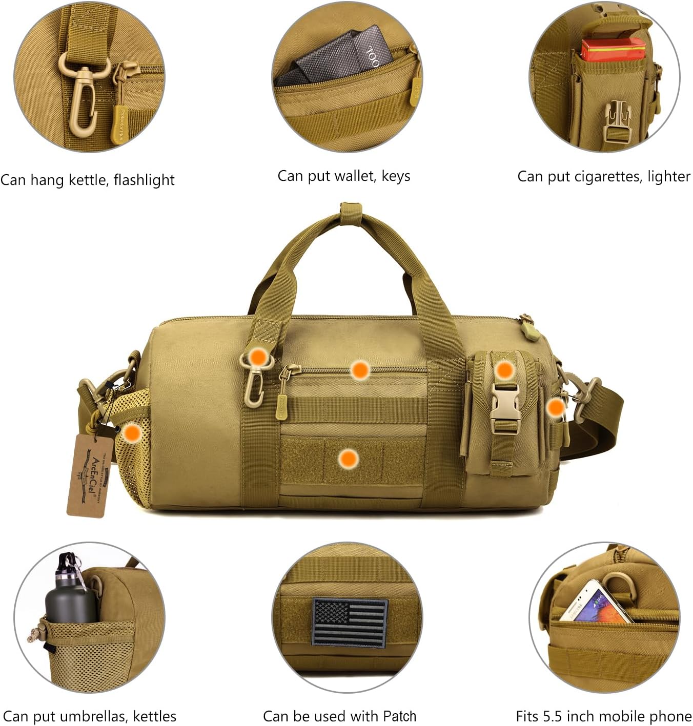 ArcEnCiel Small Tactical Duffle Bag Men Gym Pack Military Molle Shoulder Bags Shoes Storage Sports Handbag with Patch (Coyote Brown)