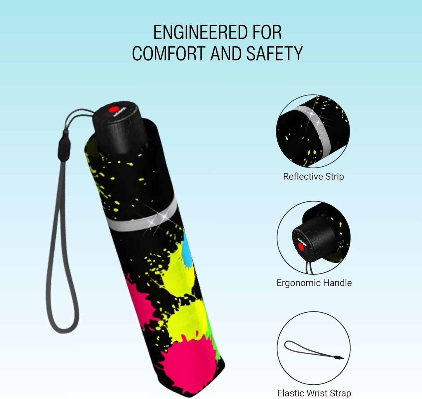 Knirps Rookie Manual Rain Umbrella for Elementary and Middle School Kids – 35.4" Canopy with Reflective Safety Stripe, Carrying Case Included