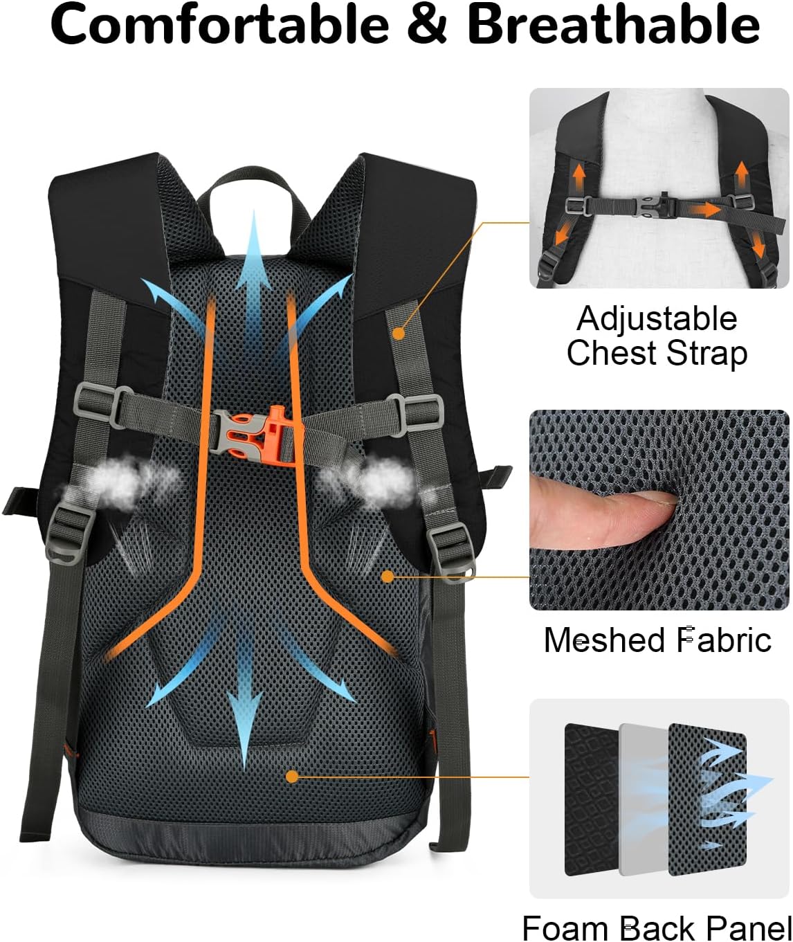 15L Small Padded Hiking Backpack with Chest Strap for Men, Lightweight Waterproof Daypack for Travel, Black