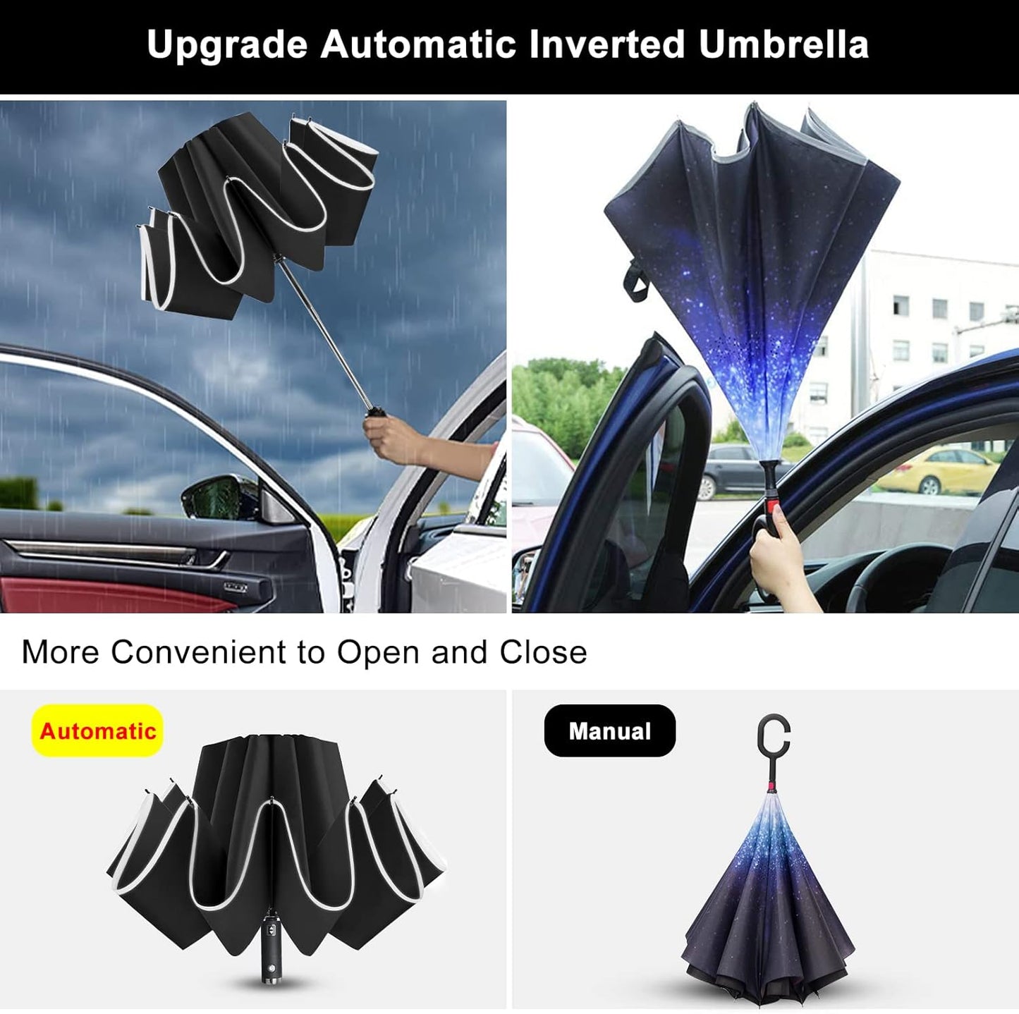 Lejorain Folding Reverse LED Umbrella - Upside Down Reflective Umbrellas Compact Inverted Travel Windproof Umbrella Auto Open Close for Rain