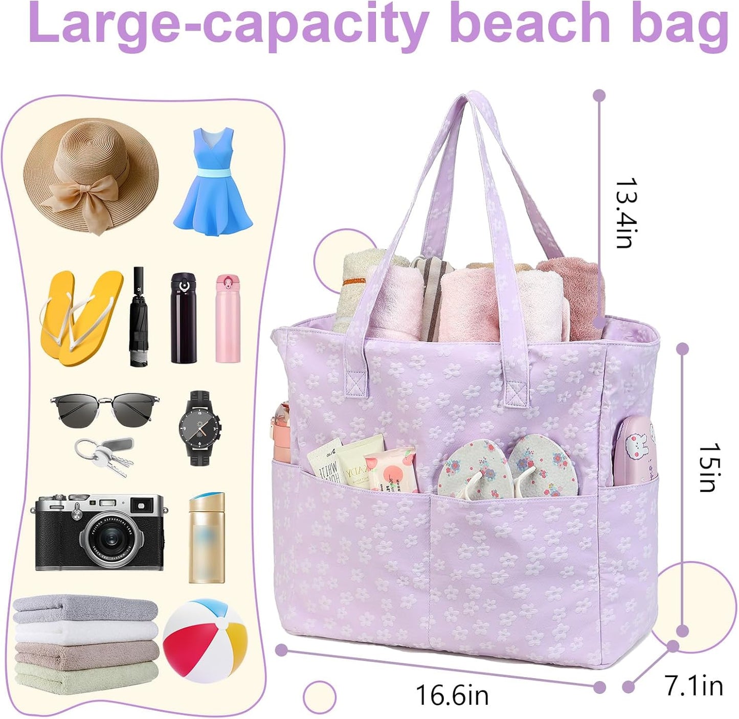 LEDAOU Large Beach Tote Bag Women Waterproof Sandproof Zipper Beach Tote Bag for Pool Gym Grocery Travel with Wet Pocket