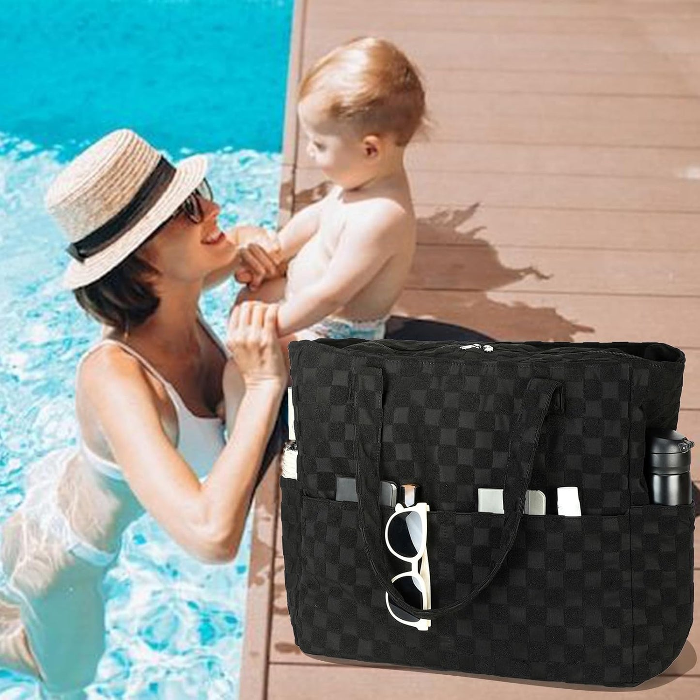 LEDAOU Large Beach Tote Bag Women Waterproof Sandproof Zipper Beach Tote Bag for Pool Gym Grocery Travel with Wet Pocket