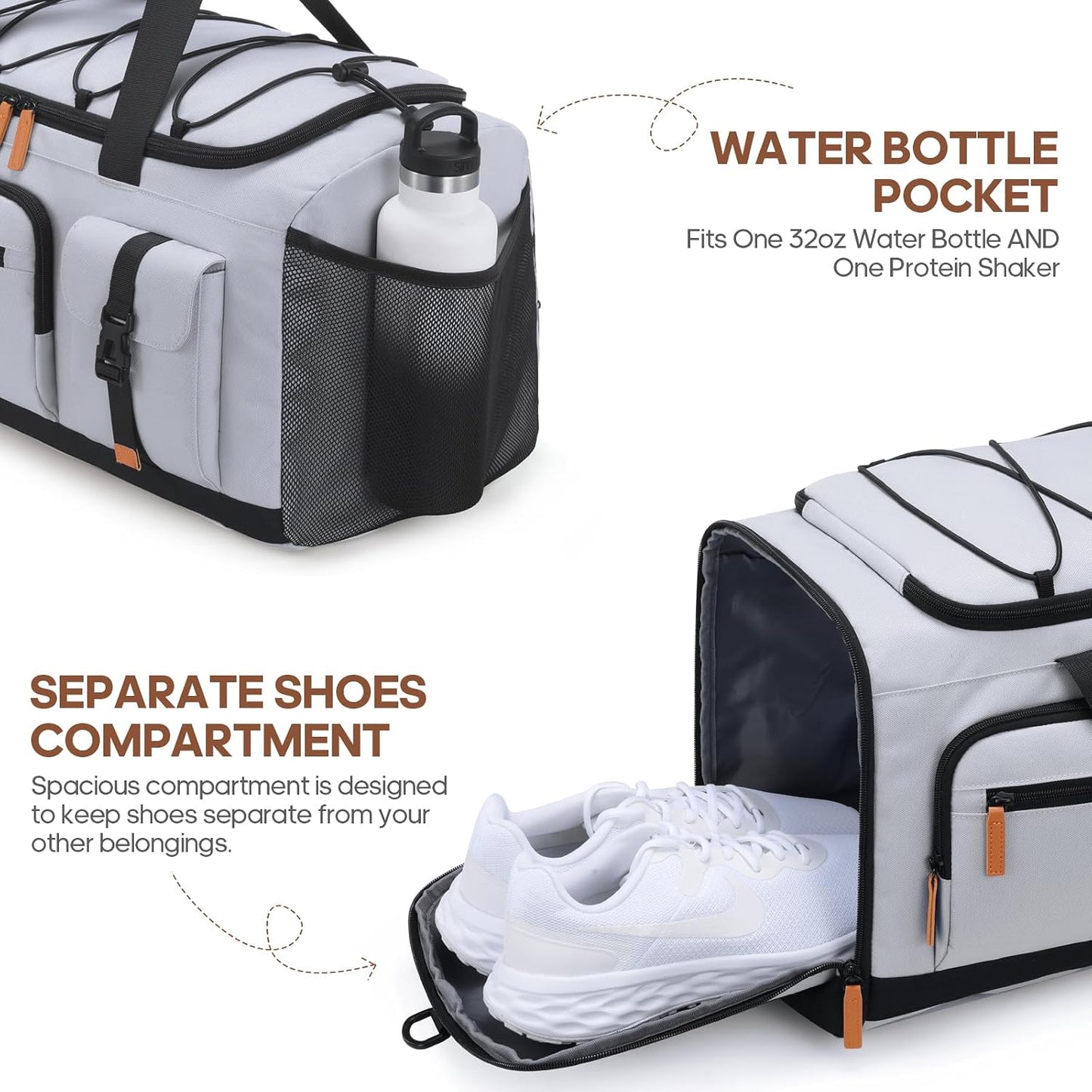 Gym Bag for Men and Women with Shoe & Laptop Compartment, 3-in-1 Sports Travel Duffel Bag Anti-Theft Weekender Carry-On Backpack for Airplane & Workout, Overnight Travel Bag,35L (Light Grey, Medium)