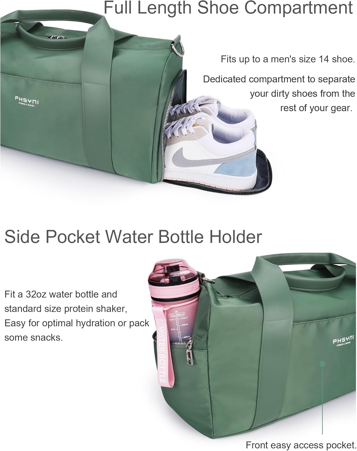 Gym Bag for Women Girls with Shoe Compartment & Wet Pocket - Duffle Bag for Travel Sports Fitness Workout Athletic, 19"-Medium, Olive Green