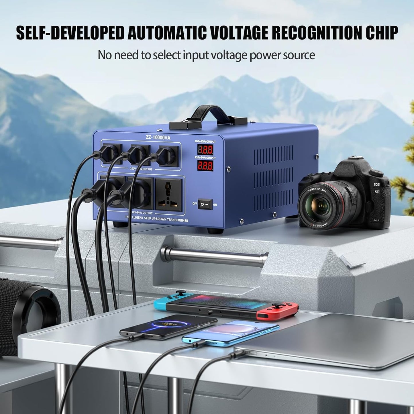 10000W Voltage Converter Auto Transformer,110/120/220/240V Heavy Duty Step Up/Down Power Converter Transformer with 3 US Outlets,3 Universal Outlets, LCD Display,Resettable Circuit Breaker Protection