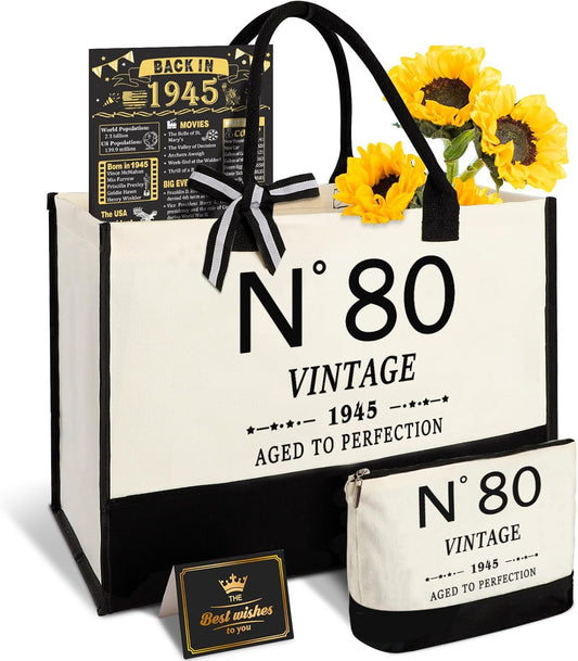80th Birthday Gifts for Women Canvas Tote Bag Travel Gear, Unique 80 Years Old Gifts for Wife Sister Mom Aunt Friends Her, Vintage N°80 Handbag & Cosmetic Bag & Back in 1945 Poster
