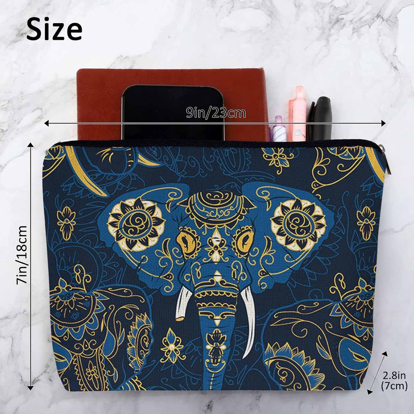 Elephant Makeup Bag - Adorable Cosmetic Bag, Day Of The Dead Sugar Skull Elephant Blue Zipper Bag Travel Toiletry Organizer Pouch For Gym Bathroom