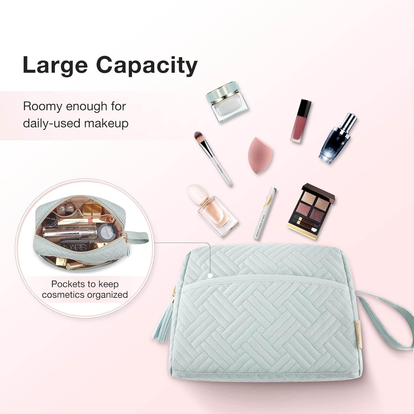 BAGSMART Makeup Bag, Cosmetic Bag for Purse,Travel Make Up Pouch,Water-resistant Toiletry Bag Elegant Roomy, Makeup Accessories Organizer, Light Blue
