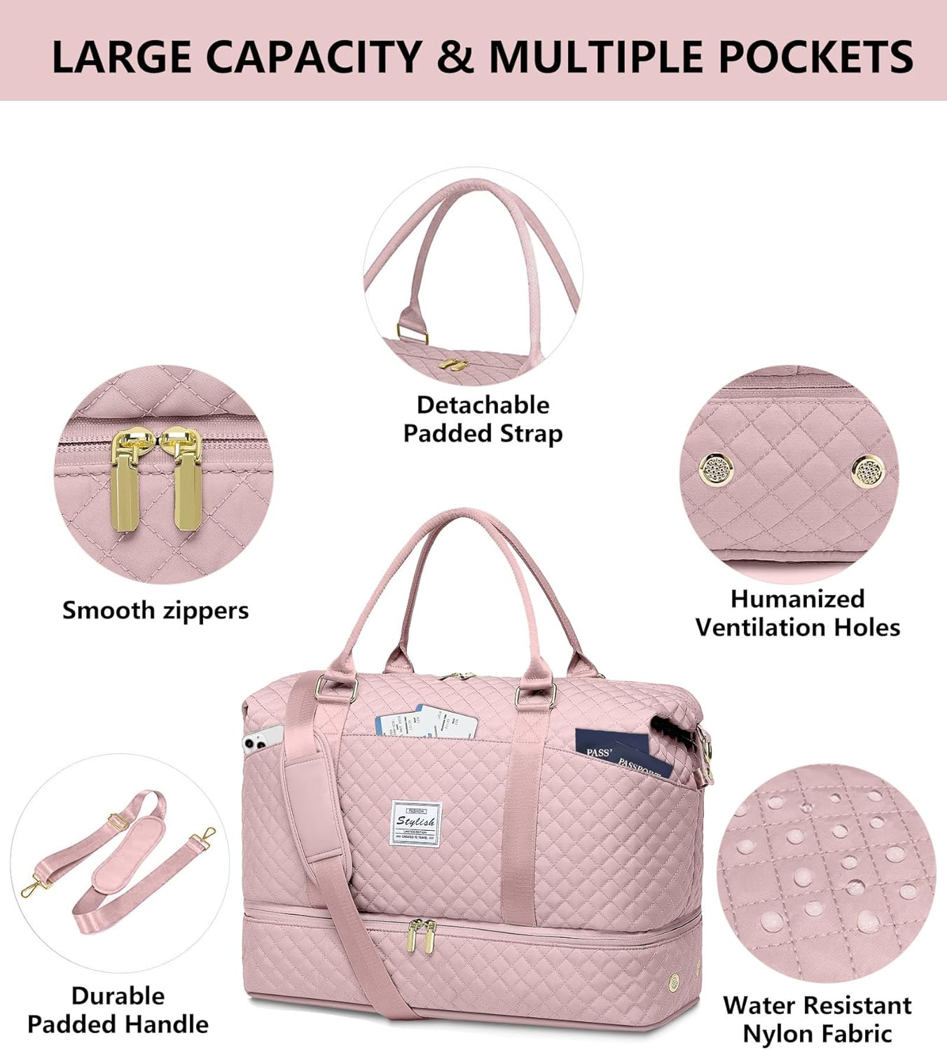 Weekender Duffle Bags for Women - Travel Duffel with Shoe Compartment, Carry On Overnight Bag, Gym Tote with Wet Pocket, Pink