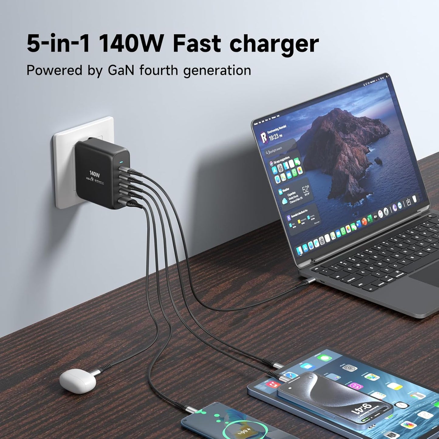 140W USB C Wall Charger Fast Charging Station, 5-Ports with 4 USB-C Ports +1 USB-A Ports PD & QC 3.0 Fast Charging, Adapter for MacBook Pro/Air,iPhone 17/16/Pro/Samsung Galaxy and More