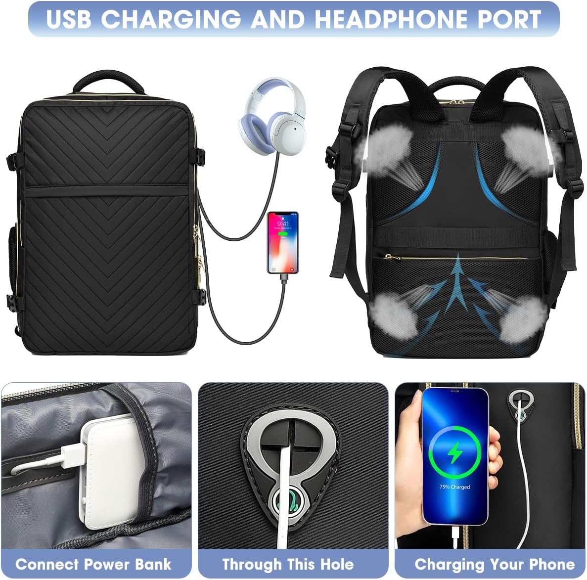 LUOCIP Large Carry On Travel Backpack - Flight Approved Waterproof Luggage Suitcase Backpacks Personal Item Size for Women Fit 17 Inch Laptop College Overnight Weekender Bag With 3 Packing Cube Black