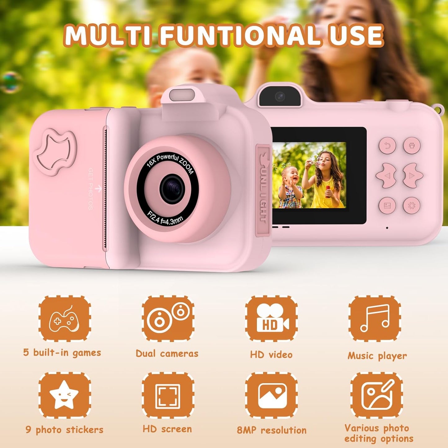 Kids Camera Instant Print, Christmas Birthday Gifts Toys for Girls Boys Age 4 5 6 7 8 9 10 11 12 Years Old,1080P HD Dual Lens Selfie Digital Camera with 5 Rolls Print Paper Stickers Pens 32G Card