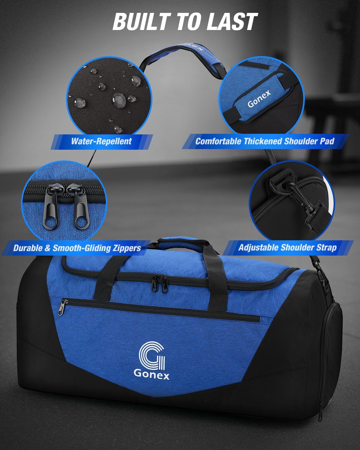 Gonex Gym Duffel Bag with Shoe Compartment Wet Pocket, Large Capacity Sports Duffle Bag for Men Women, Workout & Travel Bag with Multiple Pockets, Black/Blue, Large (100L)