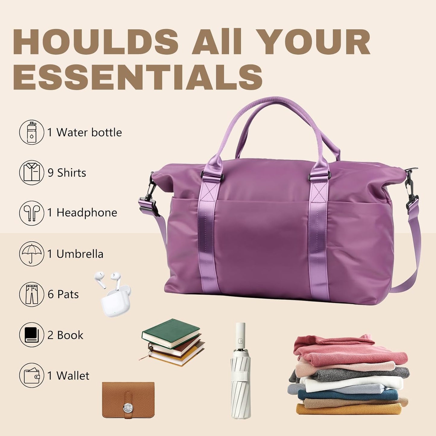 Weekender Duffel Bags for Women, Purple Travel Totes Bag for Airplane Essentials, Overnight Bags for Women with Trolley Sleeve, Large Carry On Hospital Bag for Labor and Delivery, Sport, Gym