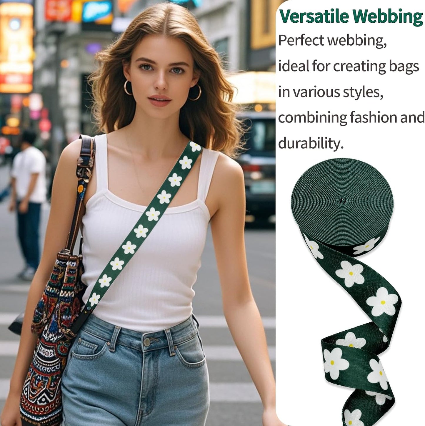 1.5 inch Printed Nylon Webbing Straps for Bags with Buckle 1 1/2 inch 6 Yards Deep Green Thick Patterned Fabric Webbing Luggage Handle Ribbon for Backpack-Home Deco-Clothing-Sewing-DIY Crafts