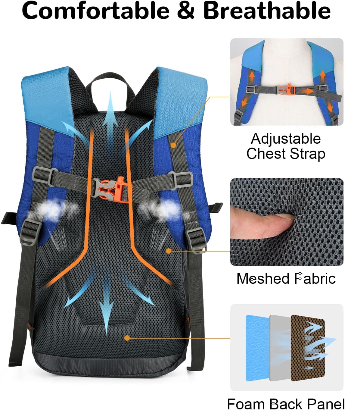 15L Small Padded Hiking Backpack with Chest Strap for Men Women, Lightweight Waterproof Daypack for Travel, Blue