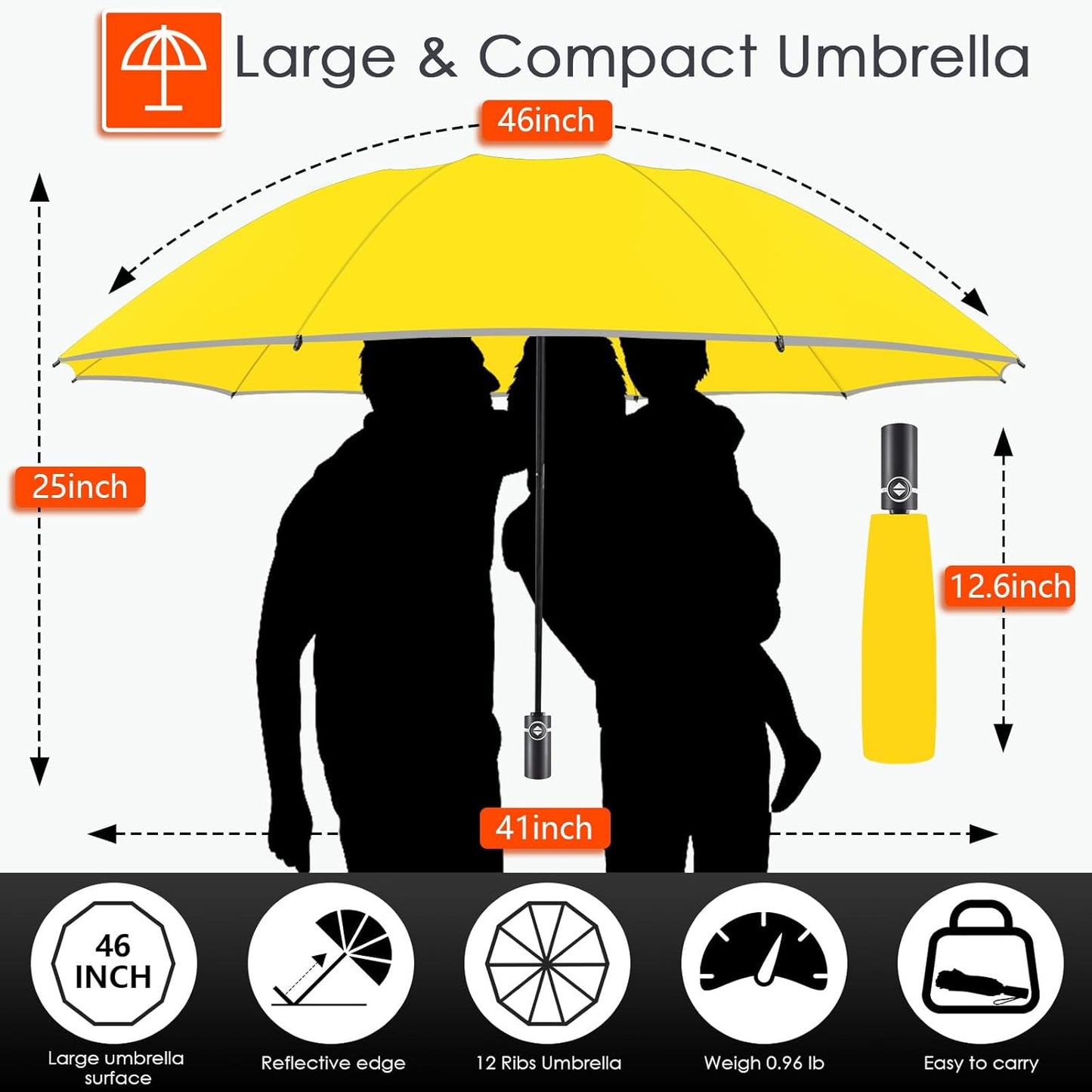 Bodyguard Inverted Umbrella - Large Windproof for Rain & Sun, Compact Reverse With Reflective Stripe, Teflon-Coated for Women Men, Travel Folding With Cover Bag
