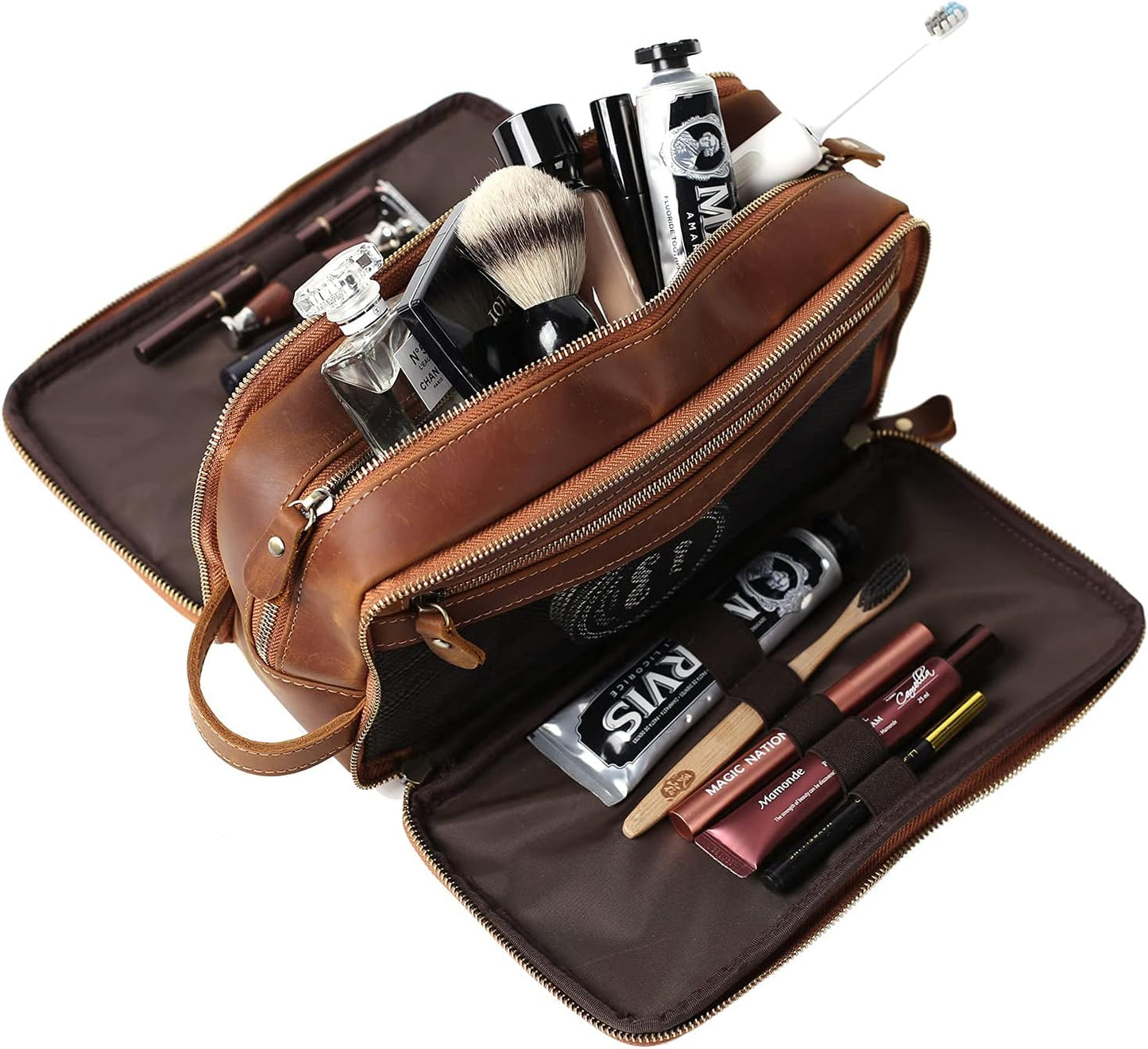 Personalized Leather Toiletry Bag for Men Travel Shaving Dopp Kit-Large Cosmetic Bags Toiletries Bathroom Organizer (Brown(full grain leather))