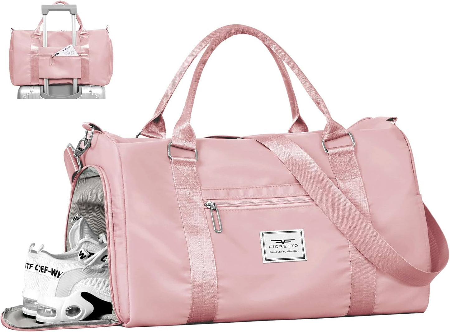 FIORETTO Womens Gym Tote Duffle Bag with Wet Pocket & Shoe Compartment, Sports Duffel Overnight Weekender Hospital Workout Carry on Bag for Girls, Ideal for Travel, Swimming, Dance, Ballet Pink