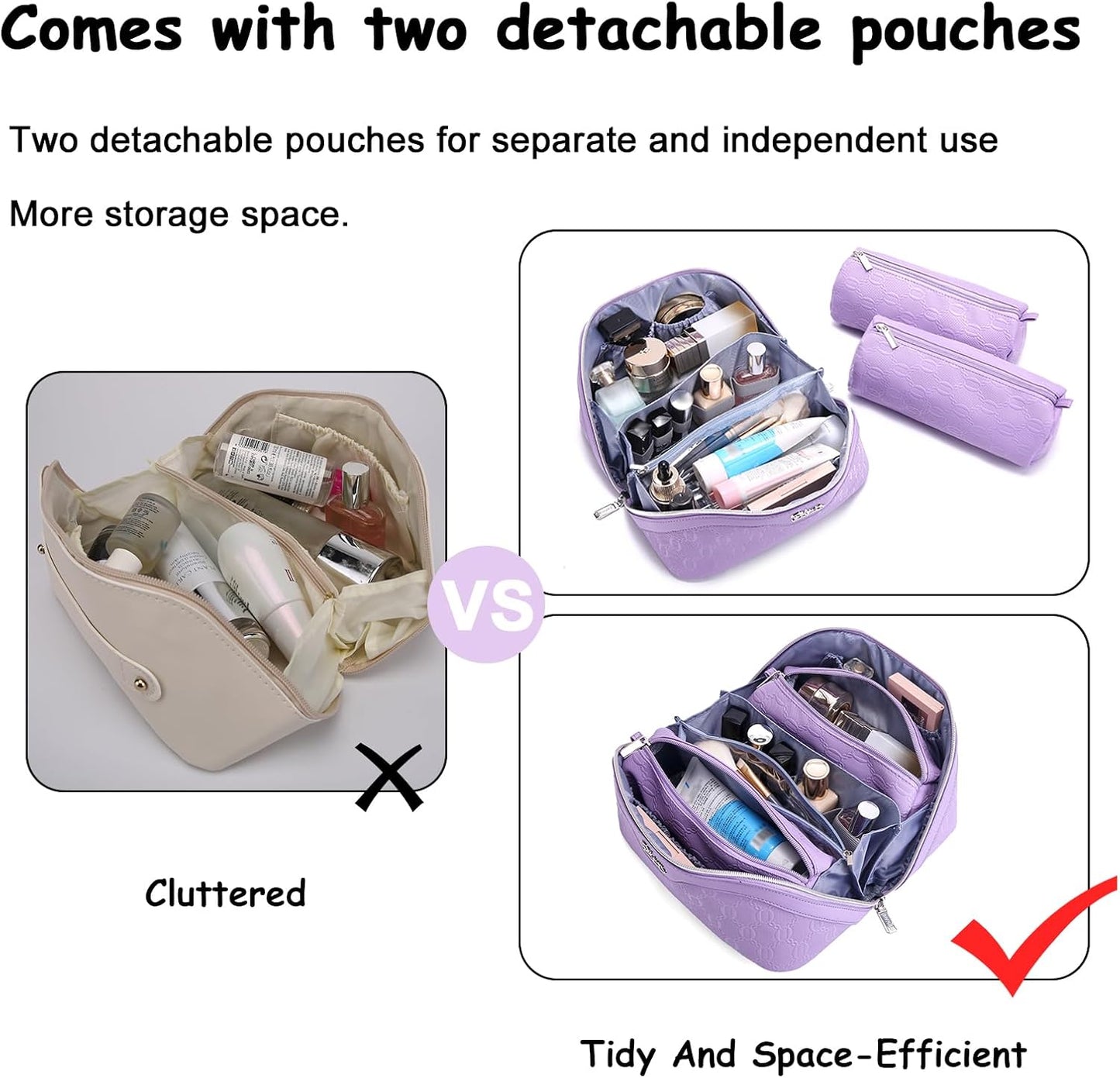 BOYATU Travel Makeup Bag for Women: Cosmetic Organizer Bag with Compartments - Leather Make up Bags Set of 3 (G-1-Purple)