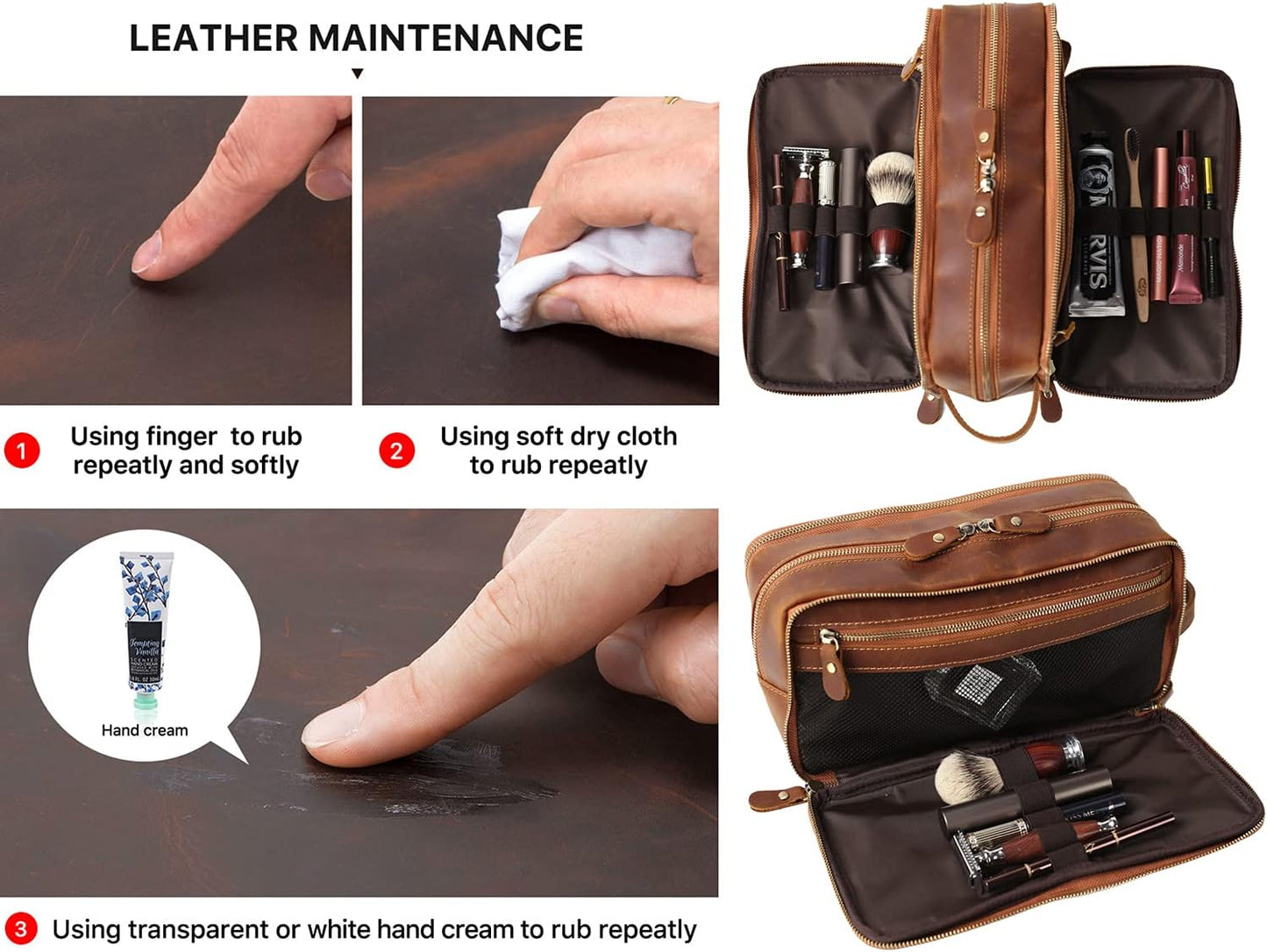 Personalized Leather Toiletry Bag for Men Travel Shaving Dopp Kit-Large Cosmetic Bags Toiletries Bathroom Organizer