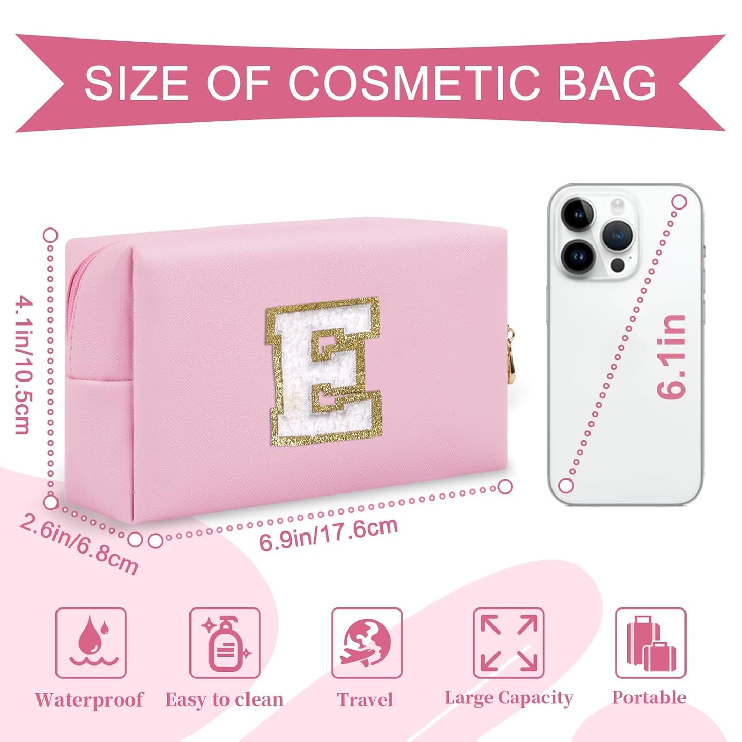Personalized Initial A-Z Preppy Patch Makeup Bag,Small PU Chenille Letter Cosmetic Bag with Zipper for Teen Girls,Pink Cute Toiletry Organizer Bag,Monogram Makeup Case Gift for Women Girls,Letter E