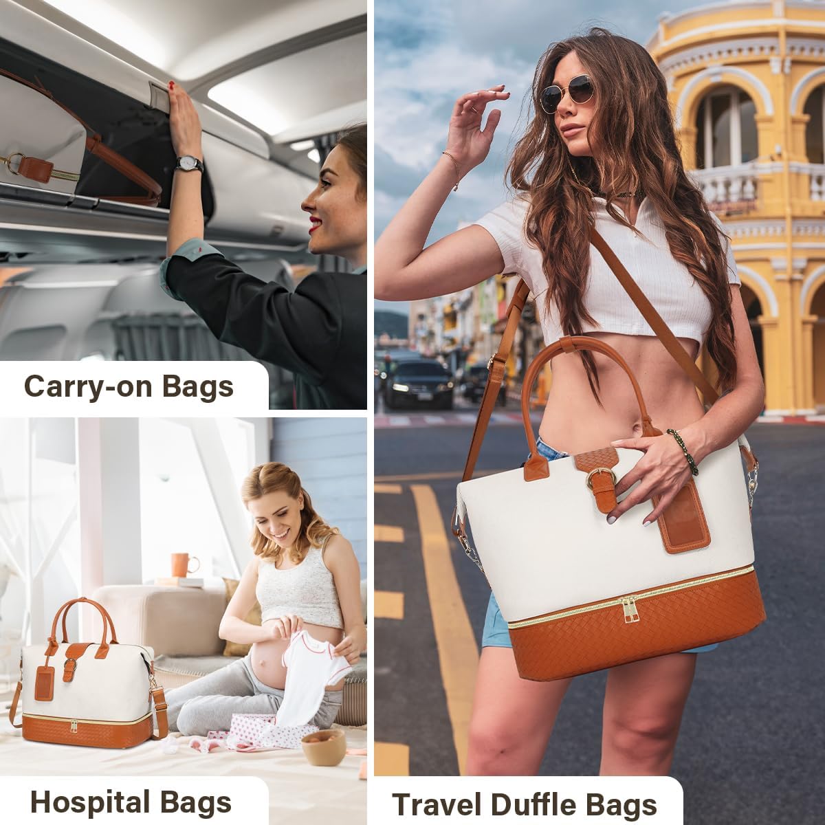 Leather Weekender Bags for Women, Travel Duffel Bag PU Overnight Bag Carry On Tote Bag with Shoe Compartment Wet Pocket