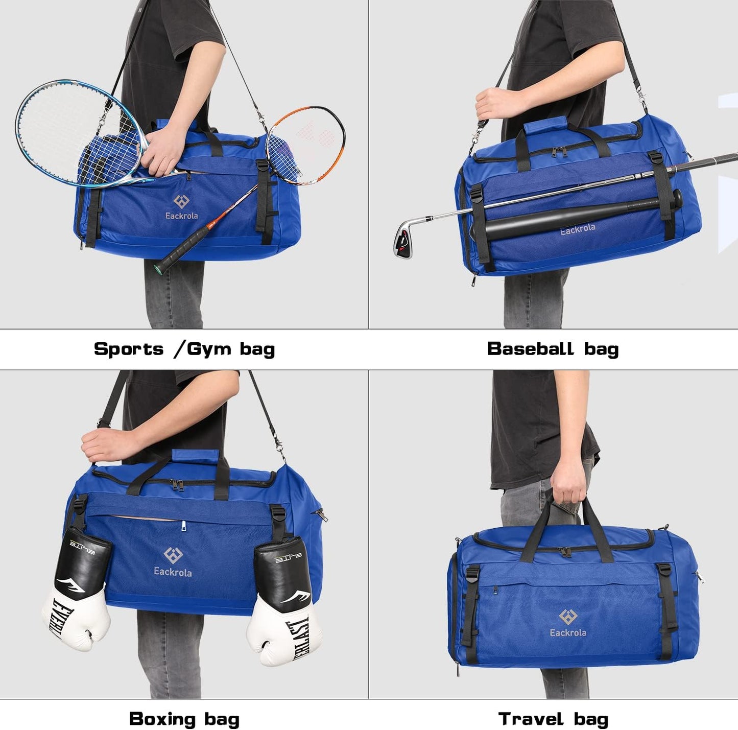 Eackrola Large Sports Gym Bag, Travel Duffel bag with Wet Pocket & Shoes Compartment for men women, 65L, Lightweight