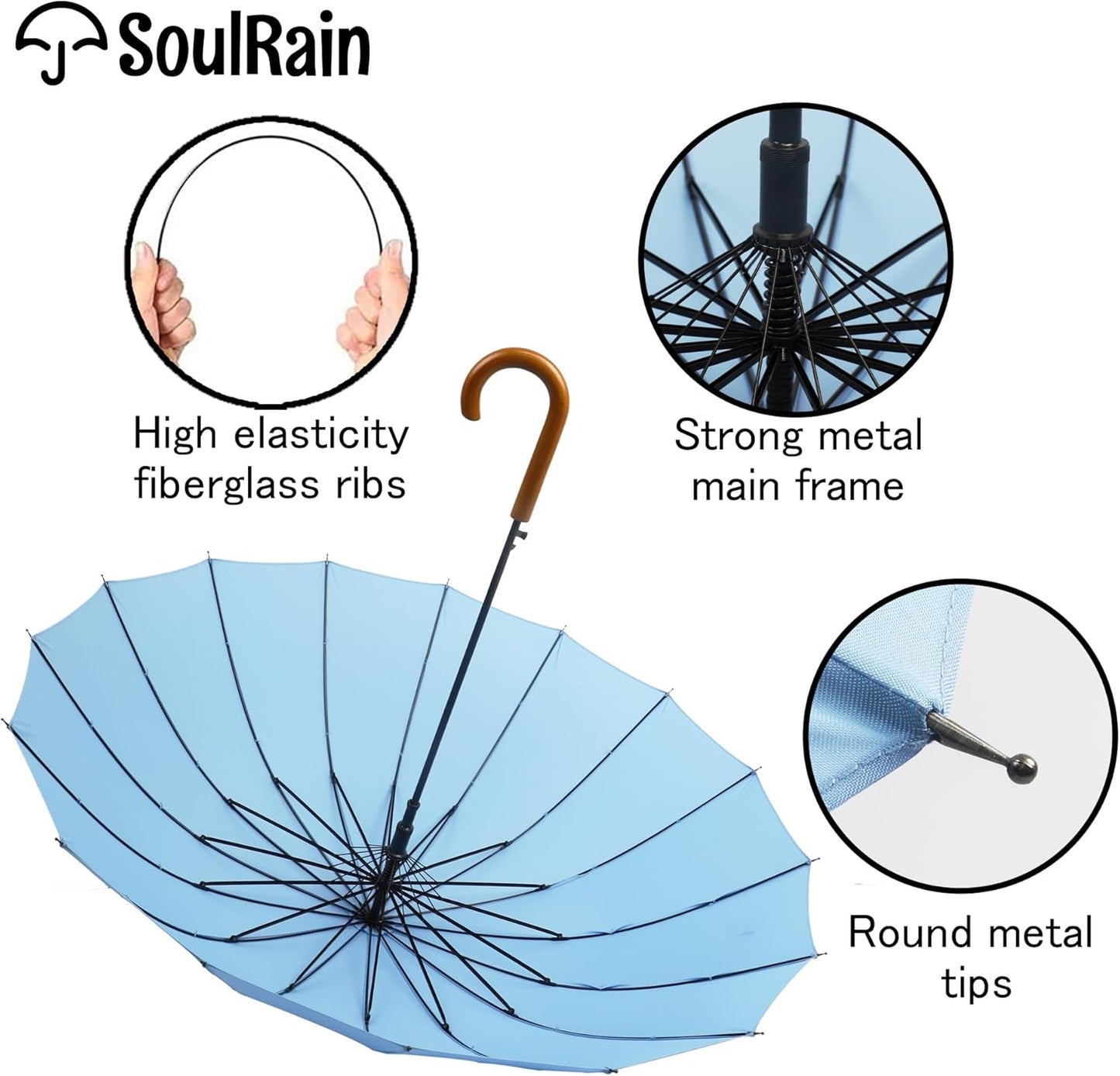 SoulRain 16 Ribs 48" Stick Umbrella Auto Open Solid Color Fashionable and Simple，Arc Classic Wood Handle，Windproof Unbreakable Stick Rain Umbrella