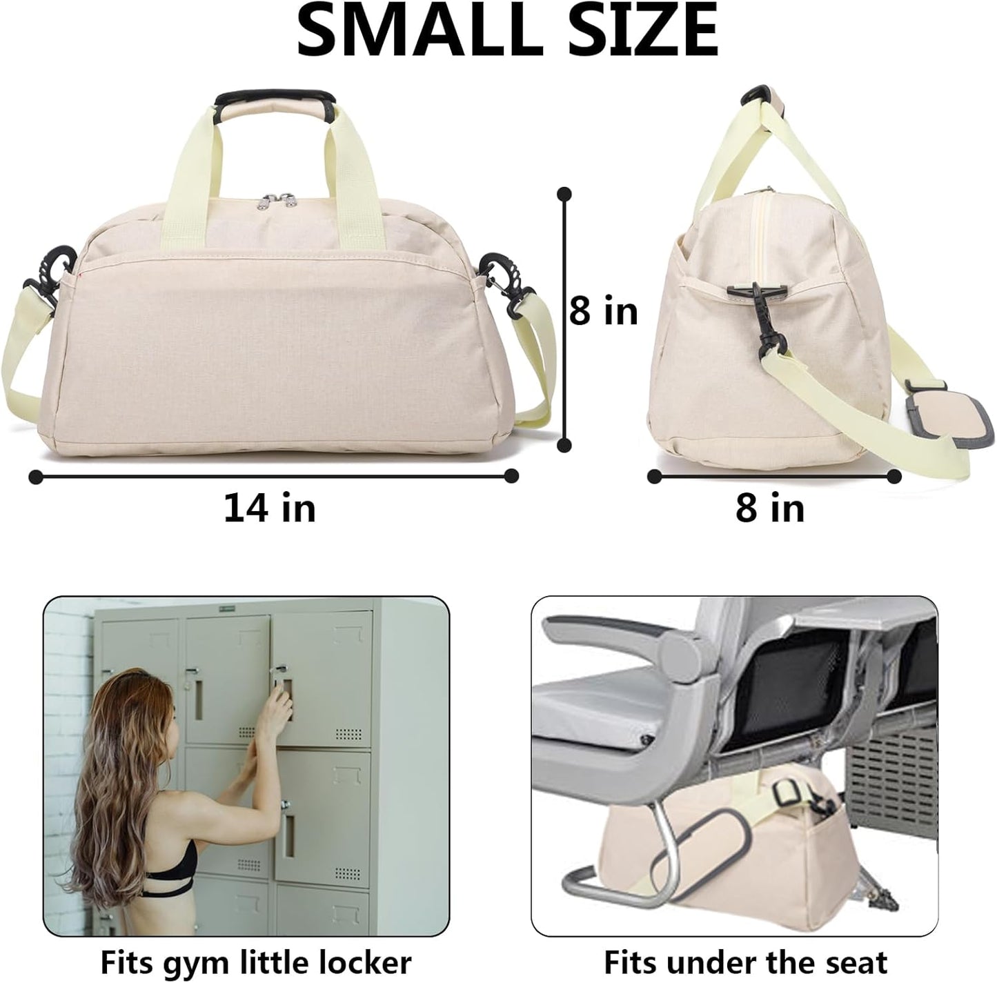14 inch Small Gym Bag for Women & Men, Mini Duffel Bag for Travel Sports Lightweight Carry On Bag (Beige)