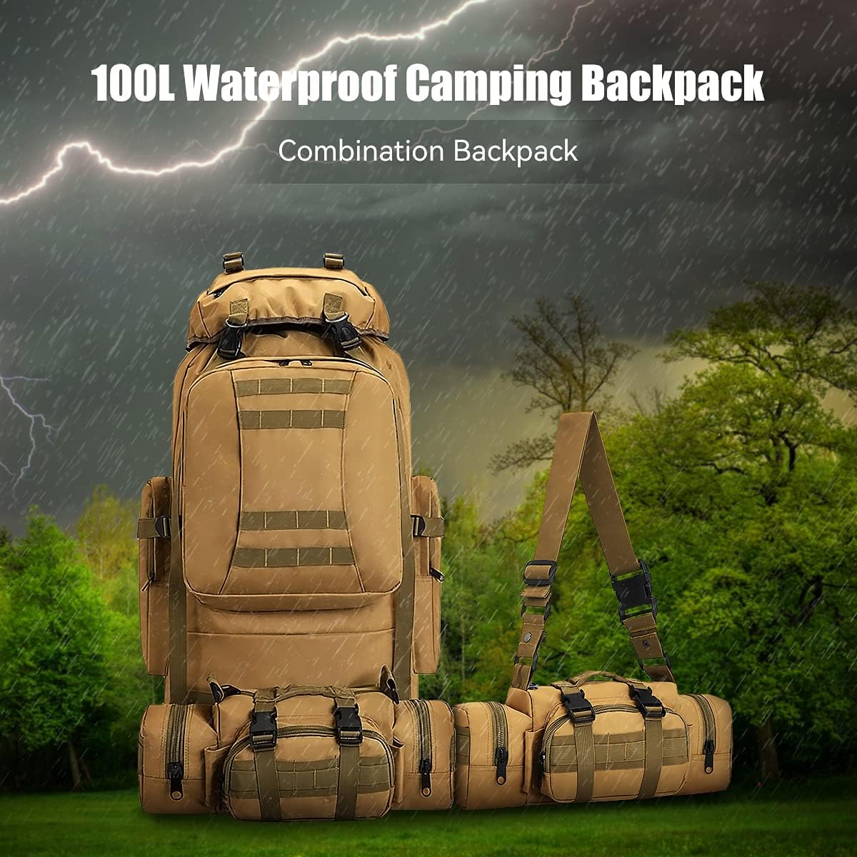 100L Camping Hiking Backpack,Molle military Tactical rucksack backpack,Waterproof Lightweight Hiking Backpack (Khaki-C)