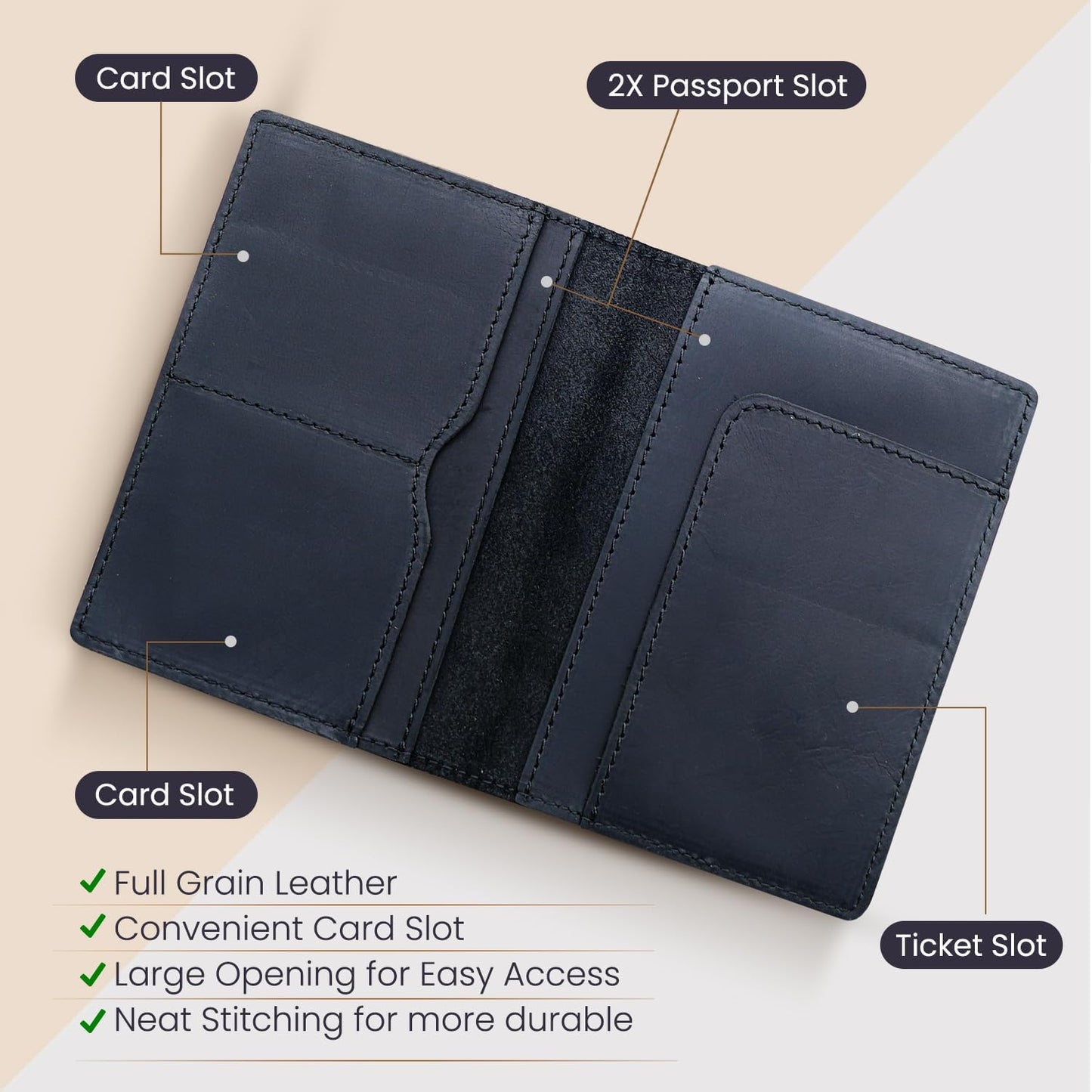 Leather Passport Holder with Travel Wallet, Genuine Leather Passport Cover- Passport Wallet, Leather Folding Wallet for Passports (Straight Cut, Black)