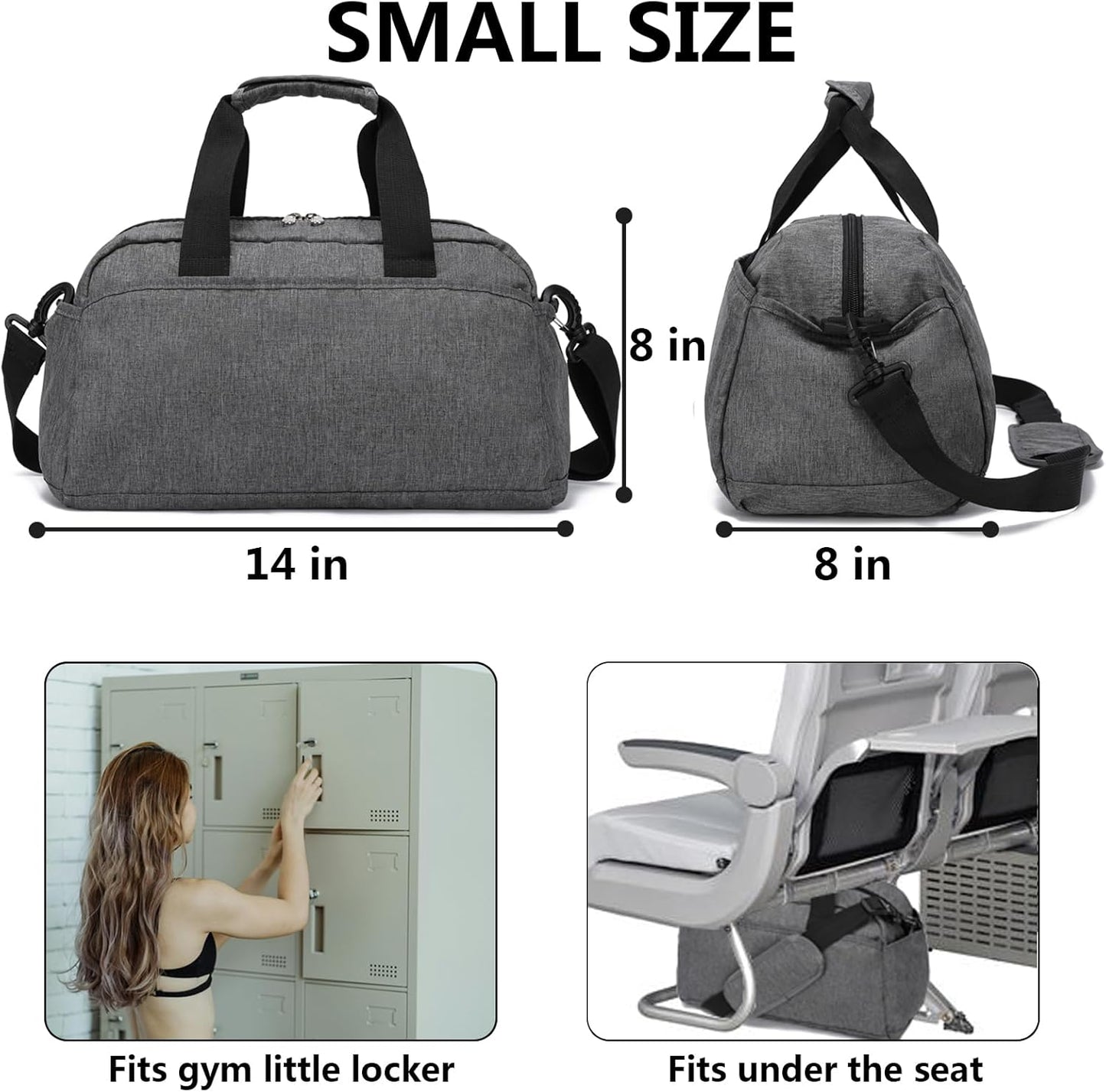14 inch Small Gym Bag for Women & Men, Mini Duffel Bag for Travel Sports Lightweight Carry On Bag, Grey
