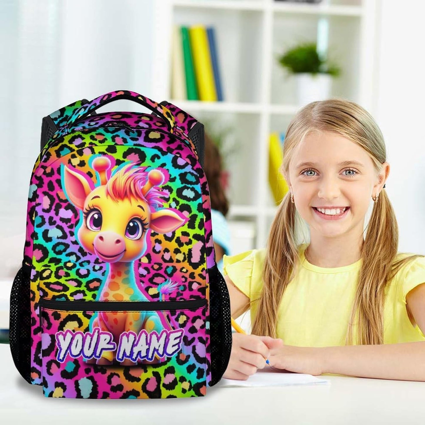Custom Giraffe Backpack for Girls - 17 Inch Cute Kids Backpack with Adjustable Straps for Kindergarten - Large Capacity School Bag for Elementary