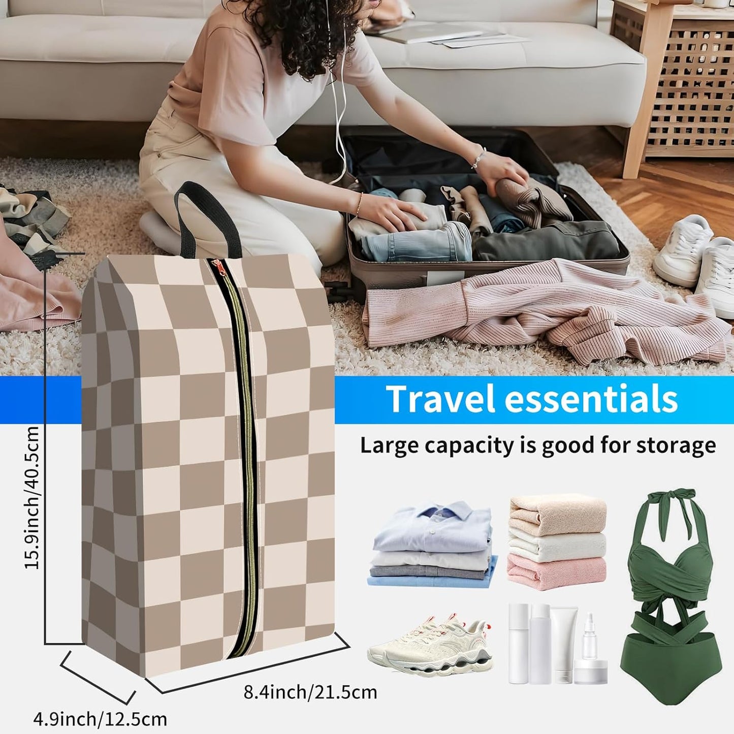 2pcs Shoe Organizer for Travel, Packing Shoe Travel Bags, Cute Shoe Bag with Zipper & Handle, Portable Travel Essentials for Women and Men Brown Checker