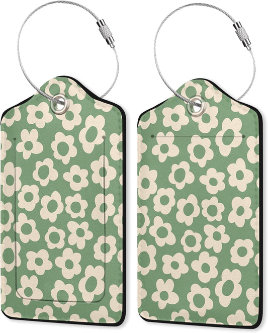 Leather Luggage Tags for Adults Teens,2 Pack Vintage Groovy Flowers Travel Bag Suitcase Labels with Stainless Steel Loop ID Tags Card Baggage Bag Label