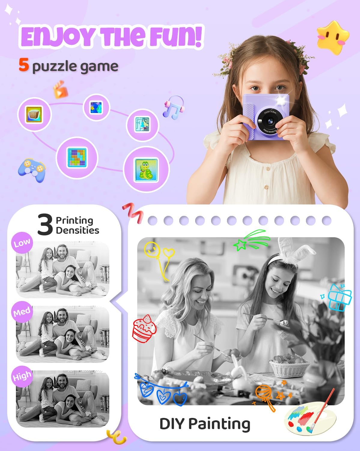 Kids Instant Print Camera, Christmas Birthday Gifts for Girls and Boys, 1080P HD Video Digital Kids Camera with Print Paper & 32G Card, Toddler Toy for 3-14 Years Old (Purple)