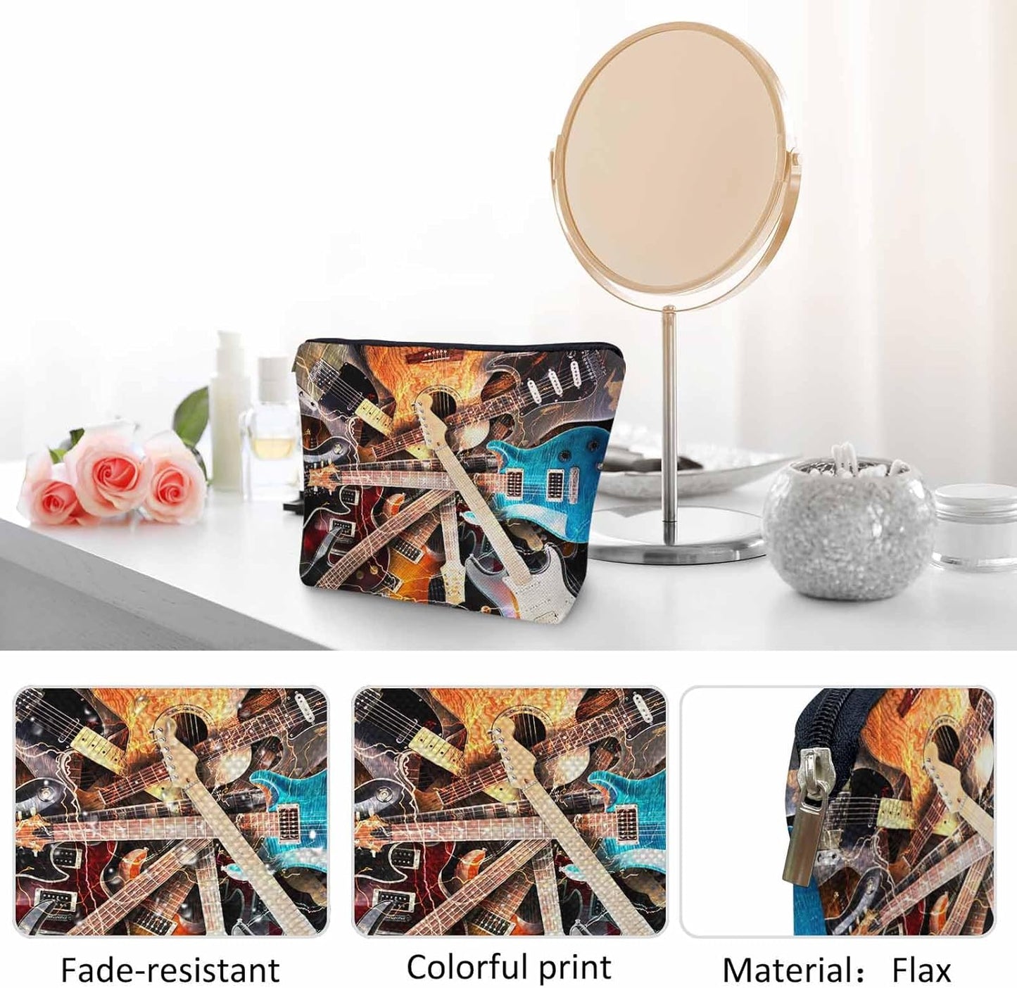 Rock Guitar Makeup Bag For Women, Adorable Cosmetic Bag Makeup Bags, Lightning Music Guitar Zipper Bag Travel Bags Toiletry Organizers Pouch Bags Washing Bags For Gym Bathroom
